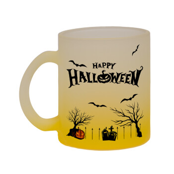 Happy Halloween cemetery, Κούπα γυάλινη δίχρωμη με βάση το κίτρινο ματ, 330ml