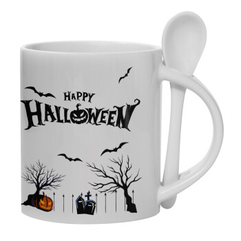 Happy Halloween cemetery, Ceramic coffee mug with Spoon, 330ml (1pcs)
