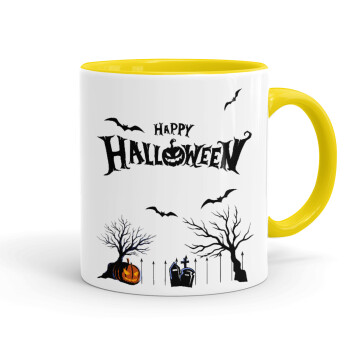 Happy Halloween cemetery, Mug colored yellow, ceramic, 330ml