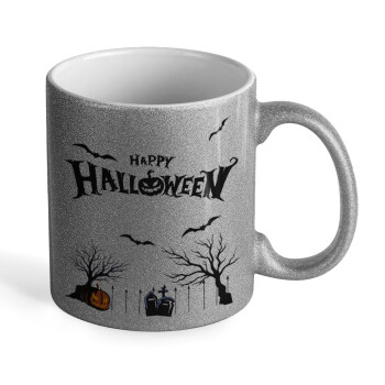 Happy Halloween cemetery, Κούπα Ασημένια Glitter που γυαλίζει, κεραμική, 330ml