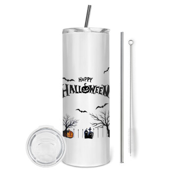 Happy Halloween cemetery, Eco friendly stainless steel tumbler 600ml, with metal straw & cleaning brush