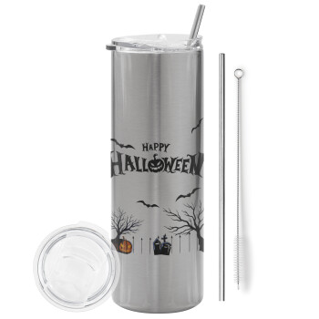 Happy Halloween cemetery, Eco friendly stainless steel Silver tumbler 600ml, with metal straw & cleaning brush
