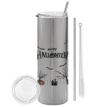 Happy Halloween cemetery, Tumbler stainless steel Silver 600ml, with metal straw & cleaning brush