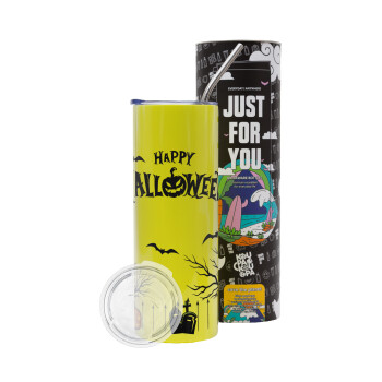 Happy Halloween cemetery, Neon Yellow Travel Tumbler, with metal straw (Stainless steel 304 Food grade, BPA free, 600ml)
