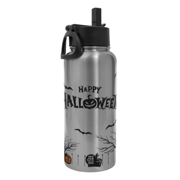 Happy Halloween cemetery, Μεταλλικό παγούρι θερμός Silver με καλαμάκι και χερούλι (Stainless steel), διπλού τοιχώματος, 950ml