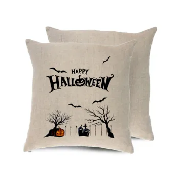 Happy Halloween cemetery, Μαξιλάρι καναπέ ΛΙΝΟ 40x40cm περιέχεται το  γέμισμα