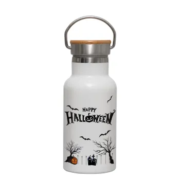 Happy Halloween cemetery, Μεταλλικό παγούρι θερμός (Stainless steel) Λευκό με ξύλινο καπακι (bamboo), διπλού τοιχώματος, 350ml