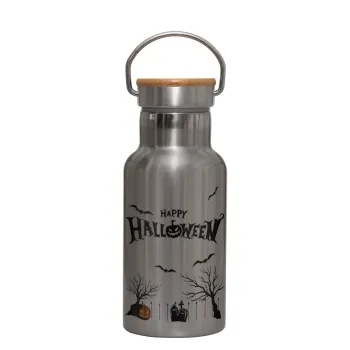 Happy Halloween cemetery, Μεταλλικό παγούρι θερμός (Stainless steel) Ασημένιο με ξύλινο καπακι (bamboo), διπλού τοιχώματος, 350ml