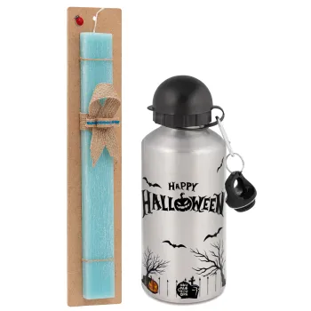 Happy Halloween cemetery, Easter Set, metallic silver aluminum water bottle (500ml) & scented flat Easter candle (30cm) (TURQUOISE)