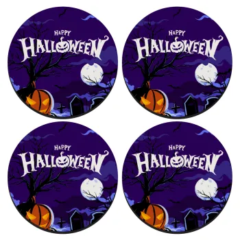 Happy Halloween cemetery, ΣΕΤ 4 Σουβέρ ξύλινα στρογγυλά (9cm)