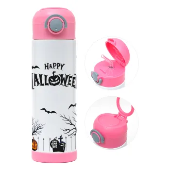 Happy Halloween cemetery, Παιδικό παγούρι θερμό, ανοξείδωτο, με καλαμάκι ασφαλείας, ΡΟΖ (500ml)