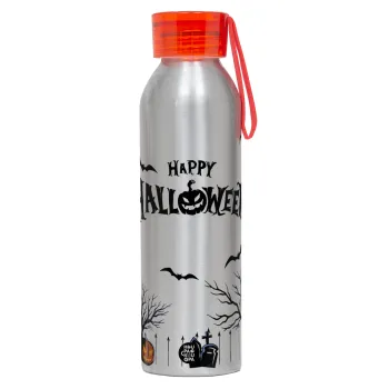 Happy Halloween cemetery, Αλουμινένιο Αθλητικό Μπουκάλι 650ml – Ασημί με Κόκκινο Καπάκι και Λουράκι Σιλικόνης