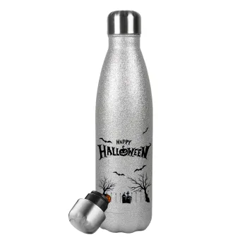 Happy Halloween cemetery, Metallic Glitter Silver Thermos Flask (Stainless steel), double-walled, 500ml