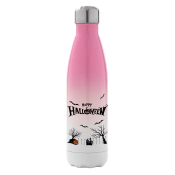 Happy Halloween cemetery, Μεταλλικό παγούρι θερμός Ροζ/Λευκό (Stainless steel), διπλού τοιχώματος, 500ml