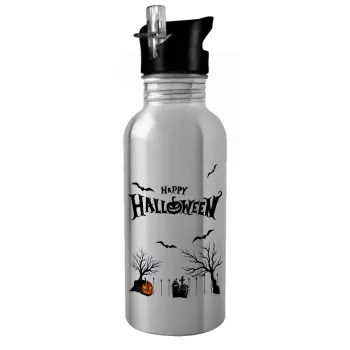 Happy Halloween cemetery, Water bottle Silver with straw, stainless steel 600ml