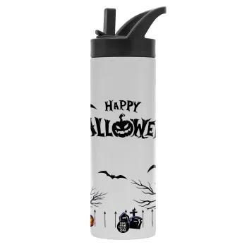 Happy Halloween cemetery, Μεταλλικό παγούρι θερμός με καλαμάκι & χειρολαβή, ανοξείδωτο ατσάλι (Stainless steel 304), διπλού τοιχώματος, 600ml