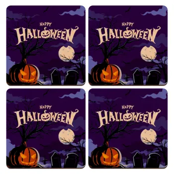 Happy Halloween cemetery, ΣΕΤ x4 Σουβέρ ξύλινα τετράγωνα plywood (9cm)