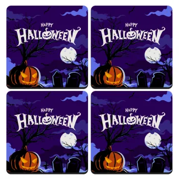 Happy Halloween cemetery, ΣΕΤ 4 Σουβέρ ξύλινα τετράγωνα (9cm)