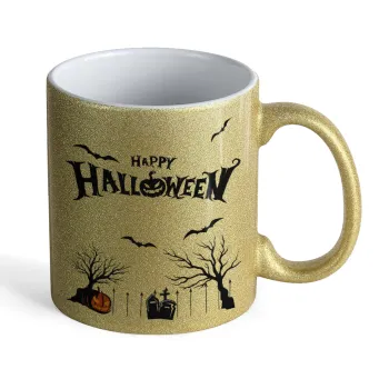 Happy Halloween cemetery, Κούπα Χρυσή Glitter που γυαλίζει, κεραμική, 330ml