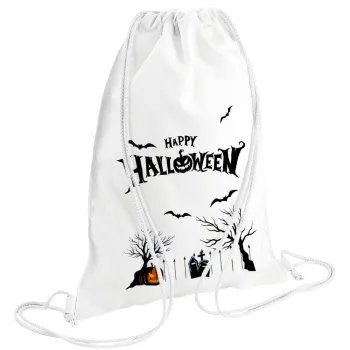 Happy Halloween cemetery, Τσάντα πλάτης πουγκί GYMBAG λευκή (28x40cm)