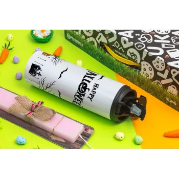 Happy Halloween cemetery, Πασχαλινή Λαμπάδα με Travel Tumbler θερμό με διπλό καπάκι (600ml, BPA free) & κερί αρωματικό πλακέ (30cm) (ΡΟΖ)