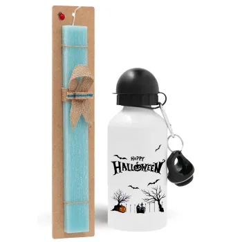 Happy Halloween cemetery, Easter Set, metallic aluminum water bottle (500ml) & scented flat candle (30cm) (TURQUOISE)
