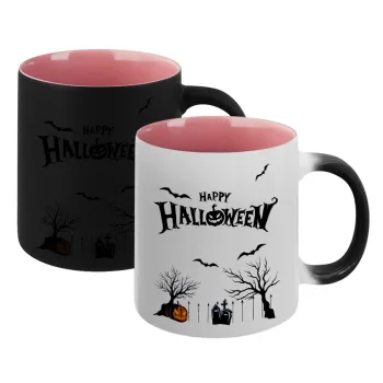 Happy Halloween cemetery, Κούπα Μαγική εσωτερικό ΡΟΖ, κεραμική 330ml που αλλάζει χρώμα με το ζεστό ρόφημα