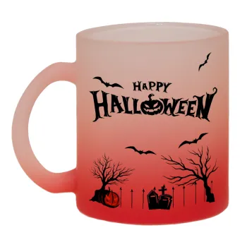 Happy Halloween cemetery, Κούπα γυάλινη δίχρωμη με βάση το κόκκινο ματ, 330ml