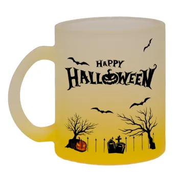 Happy Halloween cemetery, Κούπα γυάλινη δίχρωμη με βάση το κίτρινο ματ, 330ml