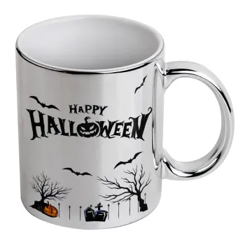 Happy Halloween cemetery, Κούπα κεραμική, ασημένια καθρέπτης, 330ml