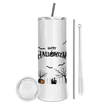 Happy Halloween cemetery, Tumbler ποτήρι θερμό από ανοξείδωτο ατσάλι 600ml, με μεταλλικό καλαμάκι & βούρτσα καθαρισμού