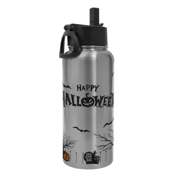 Happy Halloween cemetery, Μεταλλικό παγούρι θερμός Silver με καλαμάκι και χερούλι (Stainless steel), διπλού τοιχώματος, 950ml