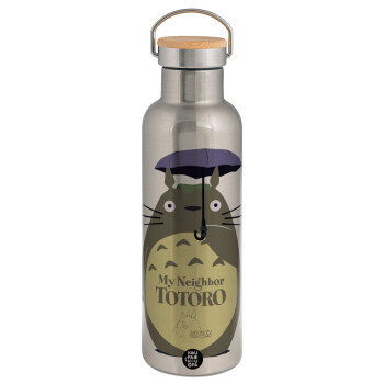 Totoro from My Neighbor Totoro, Stainless steel Silver with wooden lid (bamboo), double wall, 750ml