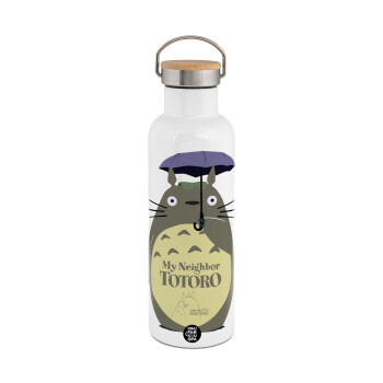 Totoro from My Neighbor Totoro, Stainless steel White with wooden lid (bamboo), double wall, 750ml