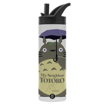 Totoro from My Neighbor Totoro, Μεταλλικό παγούρι θερμός με καλαμάκι & χειρολαβή, ανοξείδωτο ατσάλι (Stainless steel 304), διπλού τοιχώματος, 600ml