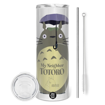 Totoro from My Neighbor Totoro, Eco friendly ποτήρι θερμό (tumbler) από ανοξείδωτο ατσάλι 600ml, με μεταλλικό καλαμάκι & βούρτσα καθαρισμού