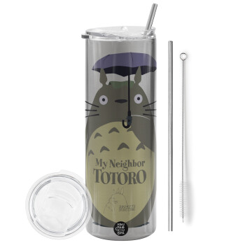 Totoro from My Neighbor Totoro, Eco friendly stainless steel Silver tumbler 600ml, with metal straw & cleaning brush