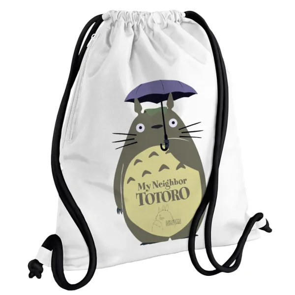 Totoro from My Neighbor Totoro — Τσάντα πλάτης πουγκί GYMBAG λευκή, με τσέπη (40x48cm) & χονδρά κορδόνια