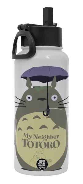 Totoro from My Neighbor Totoro — Μεταλλικό παγούρι θερμός Λευκό με καλαμάκι και χερούλι (Stainless steel), διπλού τοιχώματος, 950ml
