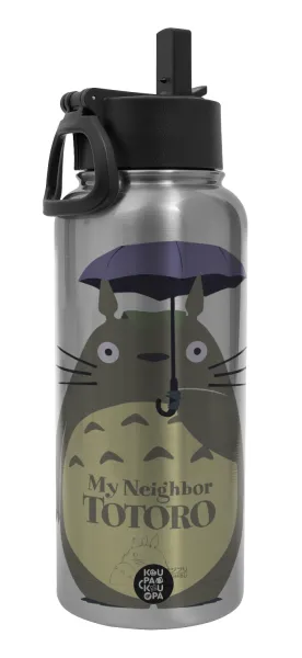 Totoro from My Neighbor Totoro — Μεταλλικό παγούρι θερμός Silver με καλαμάκι και χερούλι (Stainless steel), διπλού τοιχώματος, 950ml