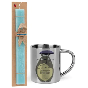 Totoro from My Neighbor Totoro, Easter Set, metallic thermal cup (300ml) & aromatic flat Easter candle (30cm) (TURQUOISE)