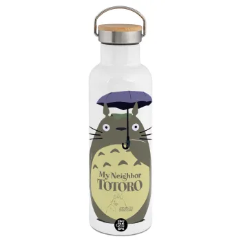 Totoro from My Neighbor Totoro, Stainless steel White with wooden lid (bamboo), double wall, 750ml