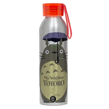 Totoro from My Neighbor Totoro, Αλουμινένιο Αθλητικό Μπουκάλι 650ml – Ασημί με Κόκκινο Καπάκι και Λουράκι Σιλικόνης