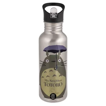 Totoro from My Neighbor Totoro, Παγούρι νερού Ασημένιο με καλαμάκι, ανοξείδωτο ατσάλι 600ml