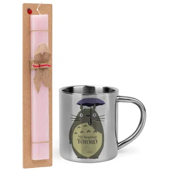 Totoro from My Neighbor Totoro, Easter Set, metallic thermal cup (300ml) & aromatic flat Easter candle (30cm) (PINK)