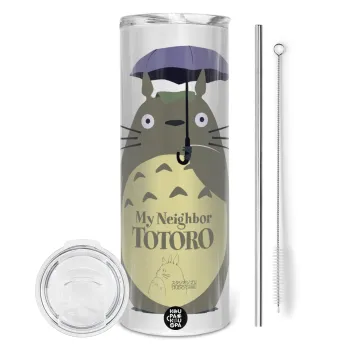 Totoro from My Neighbor Totoro, Tumbler ποτήρι θερμό από ανοξείδωτο ατσάλι 600ml, με μεταλλικό καλαμάκι & βούρτσα καθαρισμού
