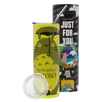 Totoro from My Neighbor Totoro, Neon Yellow Travel Tumbler θερμό, μεταλλικό καλαμάκι(Ανωξείδωτο 304 Food grade, BPA free, 600ml)