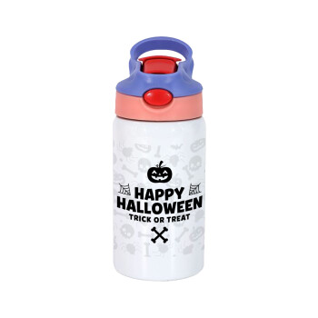Happy Halloween pumpkin, Children's hot water bottle, stainless steel, with safety straw, pink/purple (350ml)