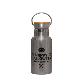 Happy Halloween pumpkin, Stainless steel metallic thermos flask, silver with a bamboo lid, double-walled, 350ml.