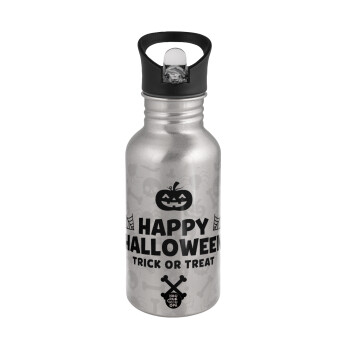 Happy Halloween pumpkin, Water bottle Silver with straw, stainless steel 500ml